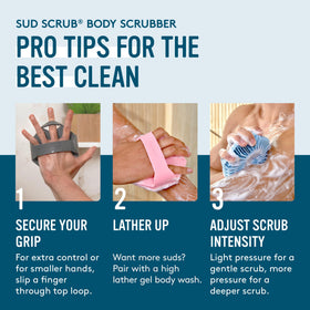 Sud Scrub body scrubber demonstrating use in a shower