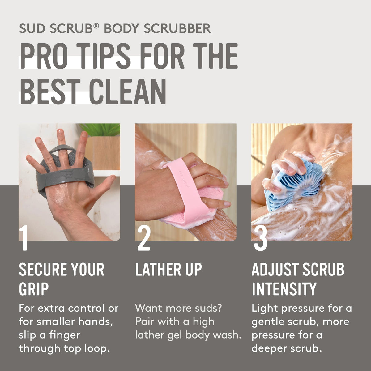 Sud Scrub Silicone Body Scrubber displayed with other bath accessories