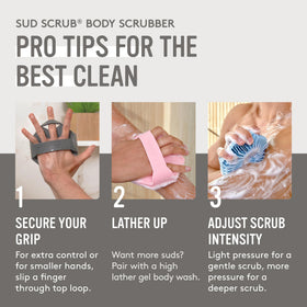 Sud Scrub Silicone Body Scrubber displayed with other bath accessories