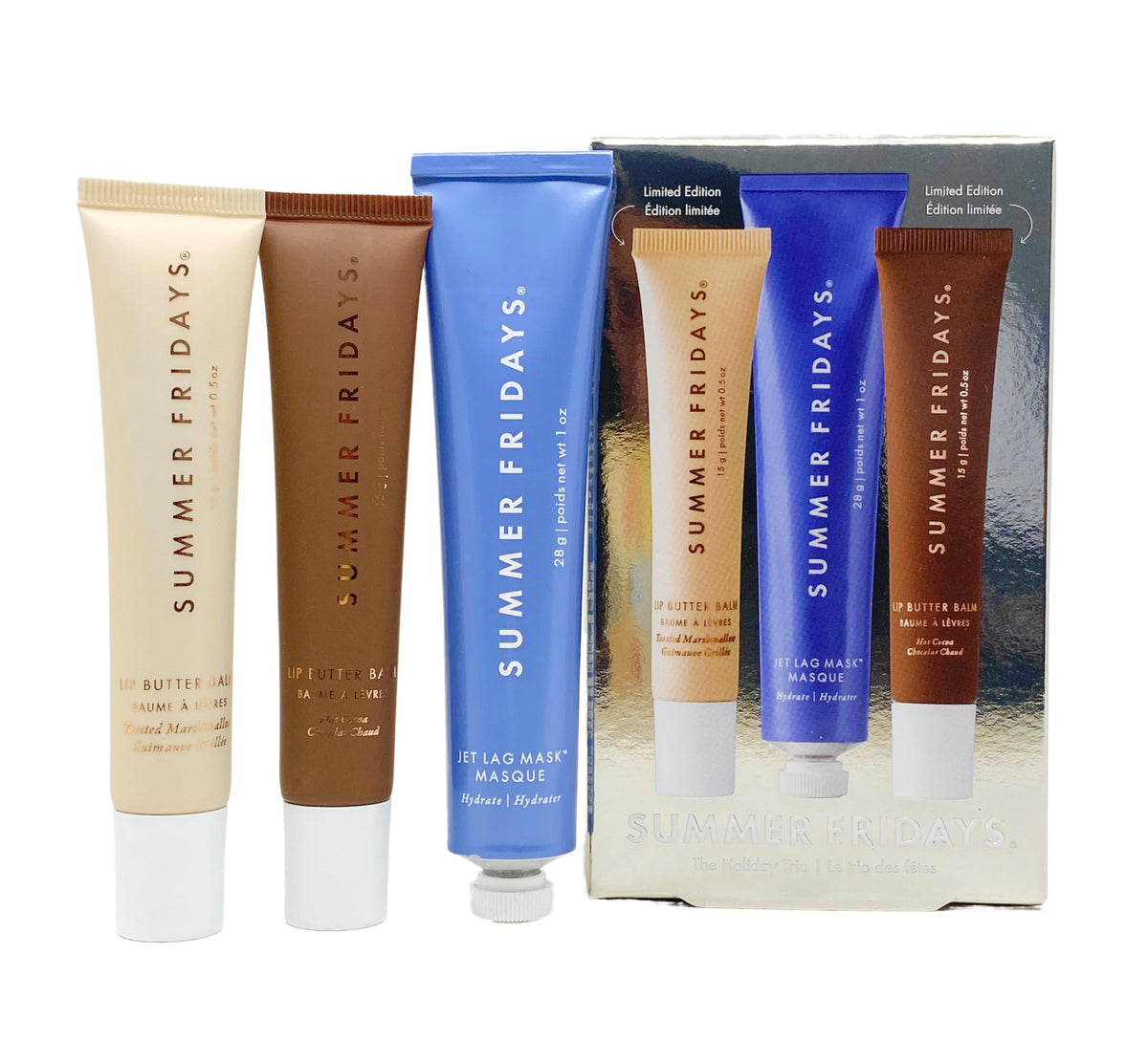 Summer Fridays Holiday Trio packaging featuring Lip Butter Balms and Jet Lag Mask