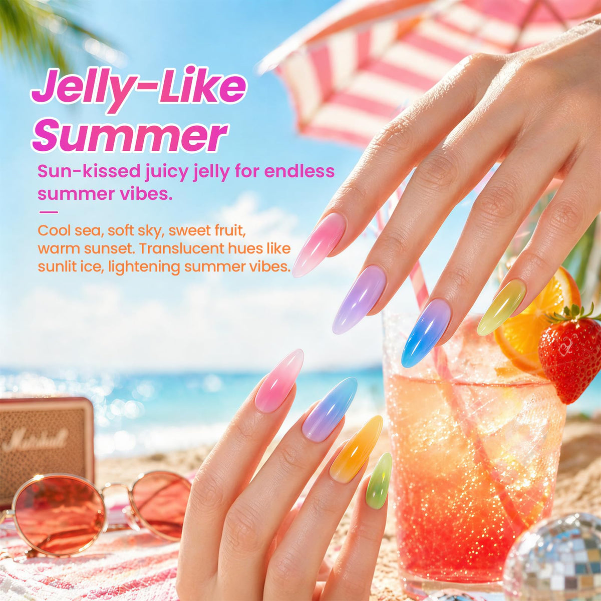 Summer-themed nail art created with Beetles Neon Jelly Gel Nail Polish
