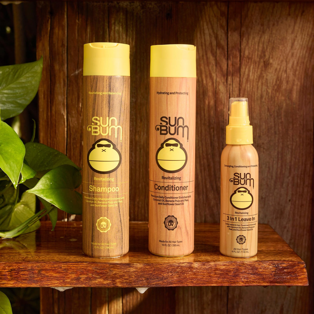 Sun Bum Leave In Conditioner on a bathroom shelf