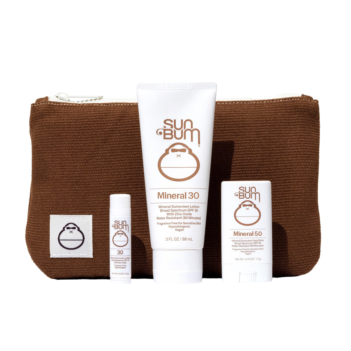 Sun Bum Mineral Road Tripper travel size sun care pack including lotion, face stick, and lip balm