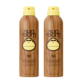 Sun Bum Original SPF 50 Sunscreen Body Spray front view with summer theme