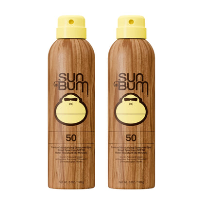 Sun Bum Original SPF 50 Sunscreen Body Spray front view with summer theme