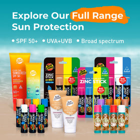 Sun Zapper Zinc Oxide Sunscreen Stick SPF 50+ with beach accessories