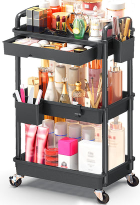 SUNALLY 3 Tier Rolling Makeup Cart front view in black