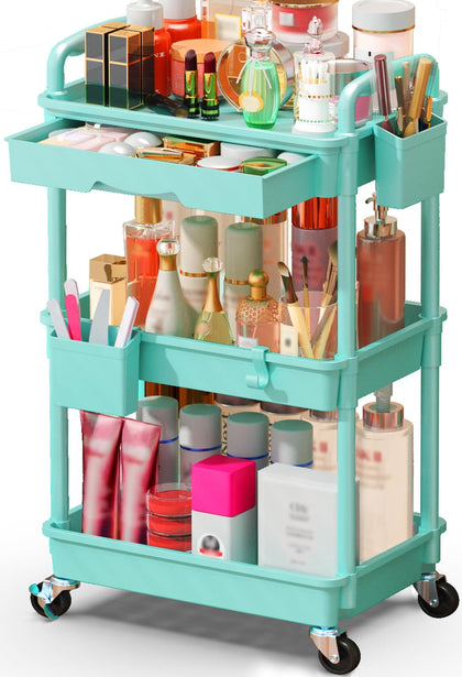 SUNALLY 3 Tier Rolling Makeup Cart front view in blue