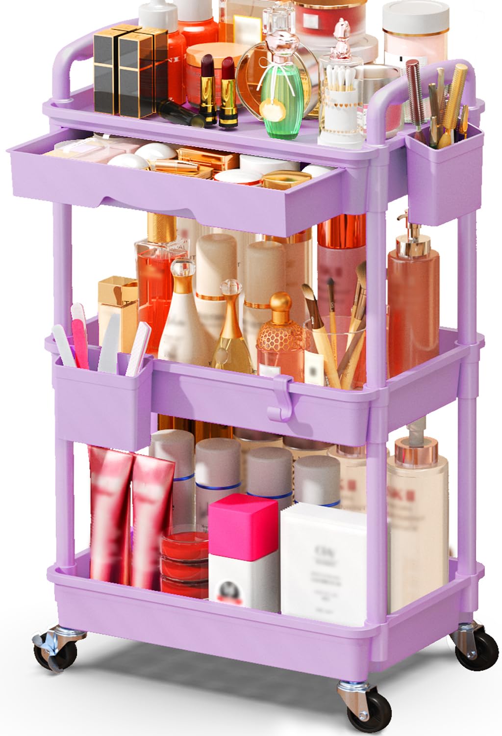 SUNALLY 3 Tier Rolling Makeup Cart Organizer in Purple front view