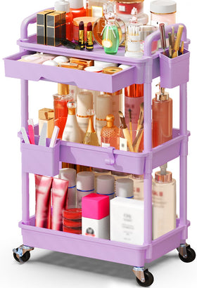 SUNALLY 3 Tier Rolling Makeup Cart Organizer in Purple front view