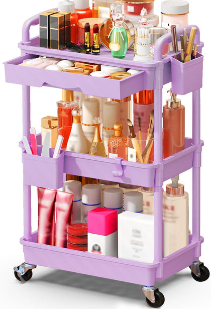 SUNALLY 3 Tier Rolling Makeup Cart Organizer in Purple front view