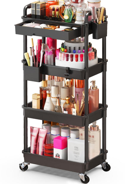 SUNALLY 4 Tier Rolling Makeup Cart Organizer black front view