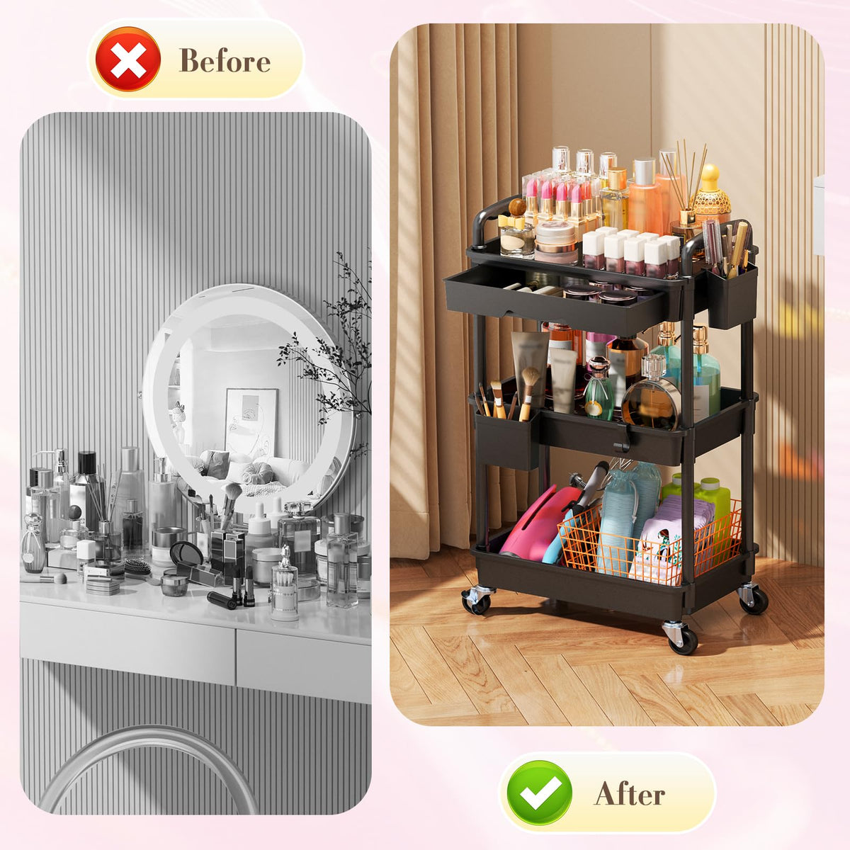 SUNALLY Makeup Cart organizer on a countertop with cosmetics