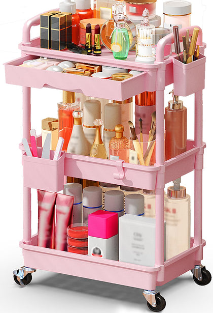SUNALLY Makeup Cart Organizer pink front view with three tiers
