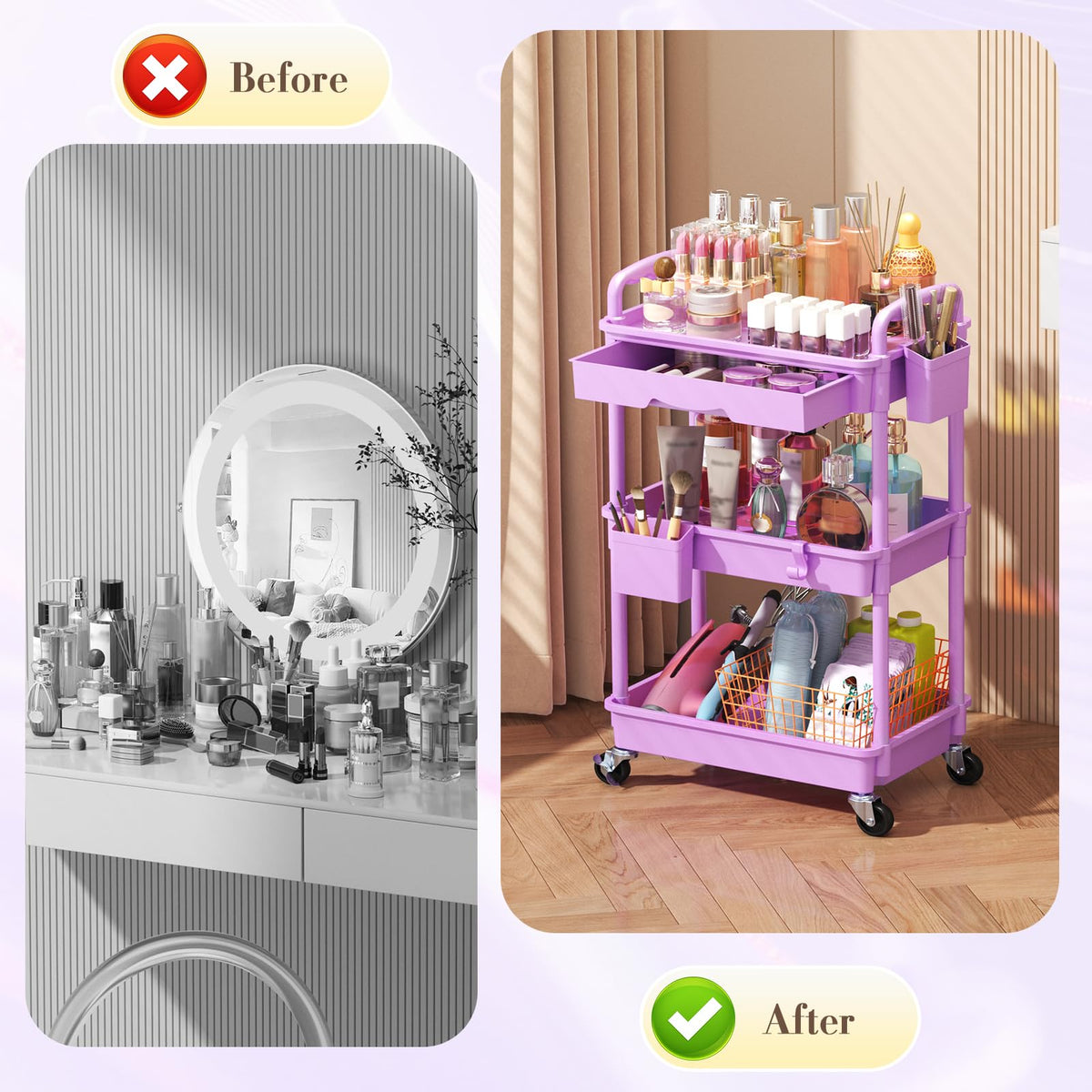 SUNALLY Makeup Cart Organizer showcasing removable drawer