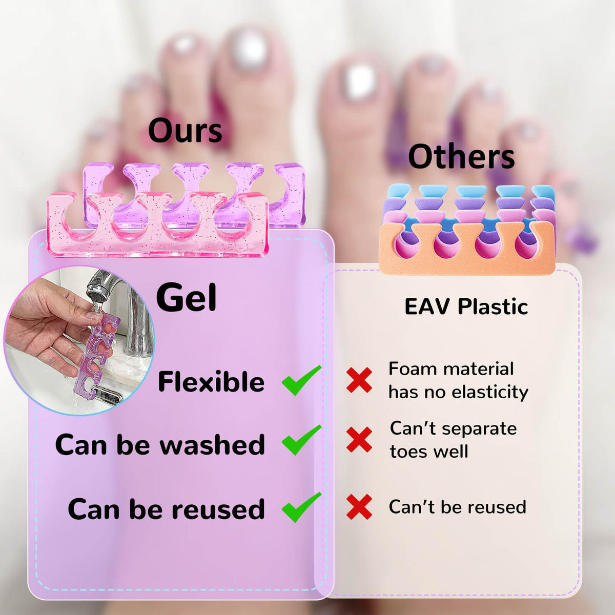 SUNFATT toe separators soft gel on a spa table