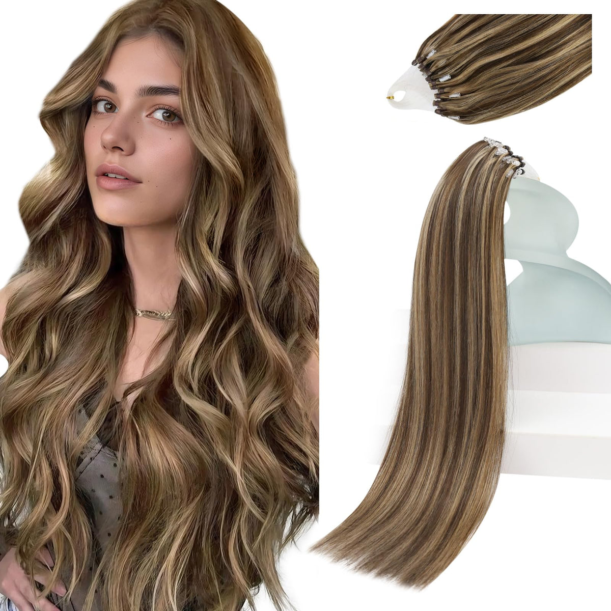 Sunny Hair 22 Inch Microbead Hair Extensions Brown Caramel Blonde front view