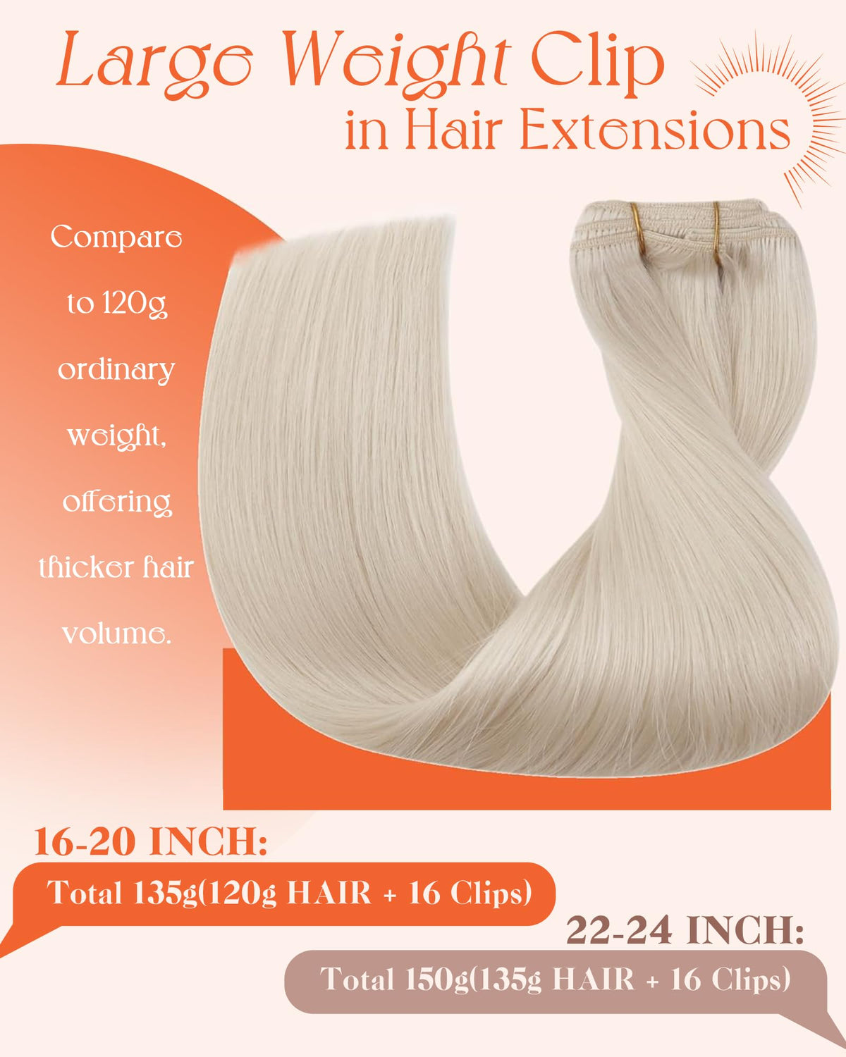 Sunny Hair Clip in Hair Extensions 20 Inch Platinum Blonde close-up of clips