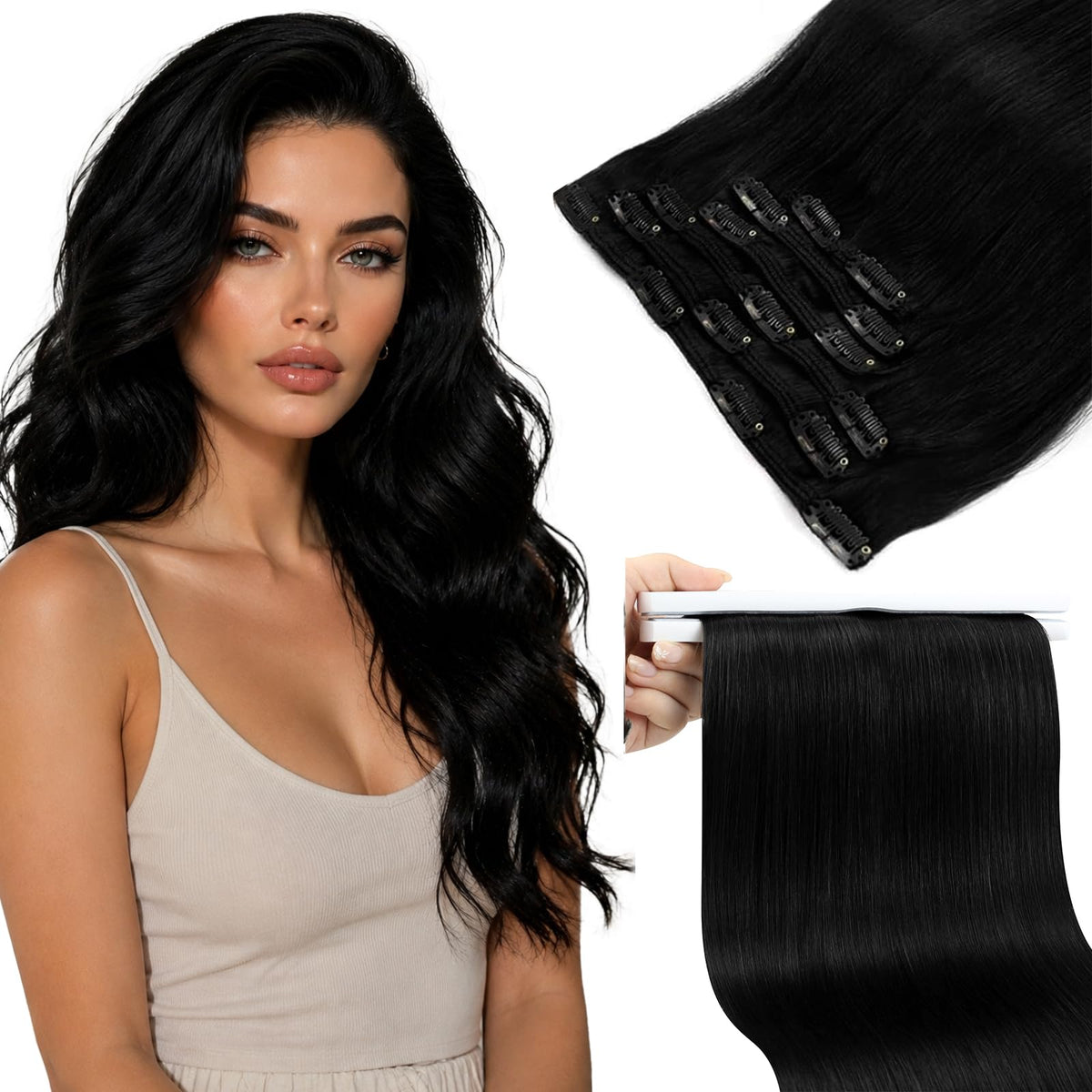 Sunny Hair clip-in hair extensions 22 inch jet black front view