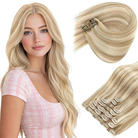 Sunny Hair clip-in hair extensions blonde 7-piece set front view