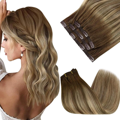 Sunny Hair clip-in hair extensions in brown balayage blonde front view