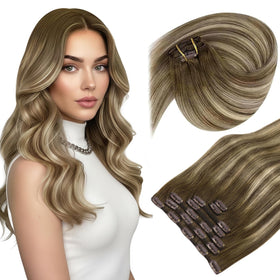 Sunny Hair clip-in hair extensions in brown blonde balayage front view
