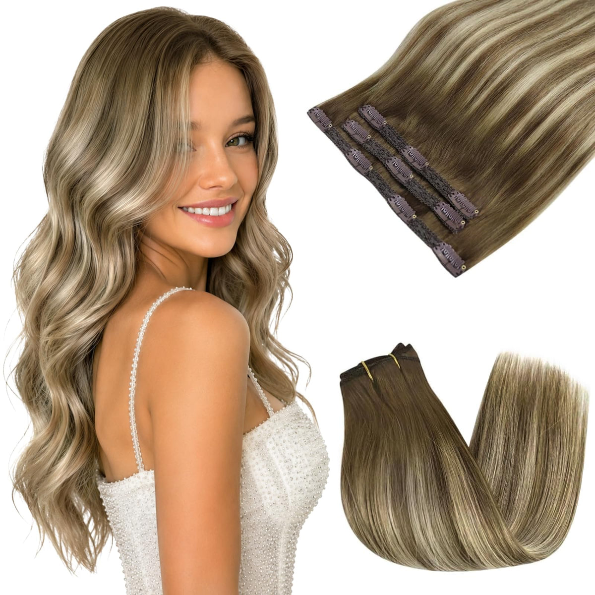 Sunny Hair clip in hair extensions real human hair light blonde front view