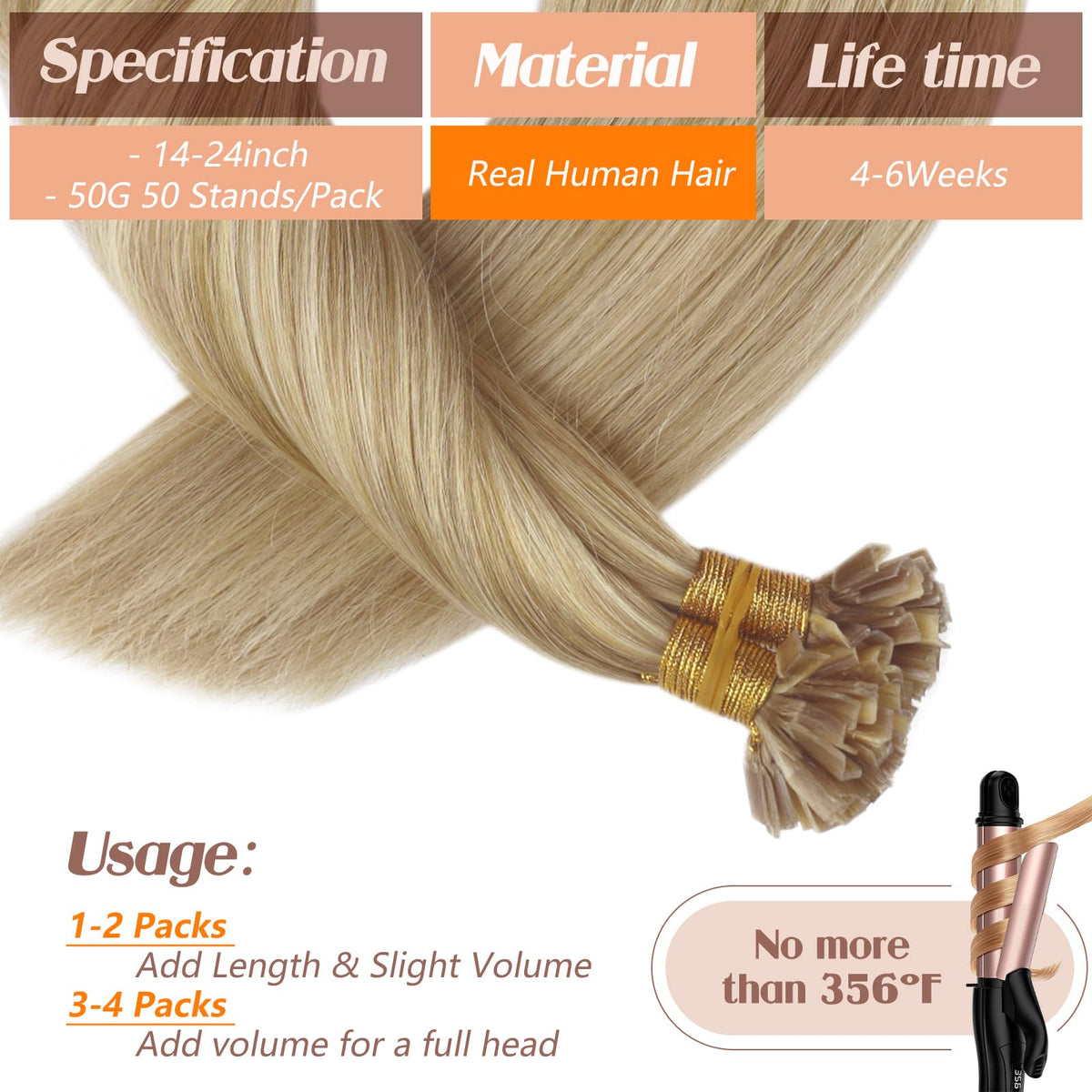 Sunny Hair K Tip Hair Extensions 20 Inch close-up of keratin bonds