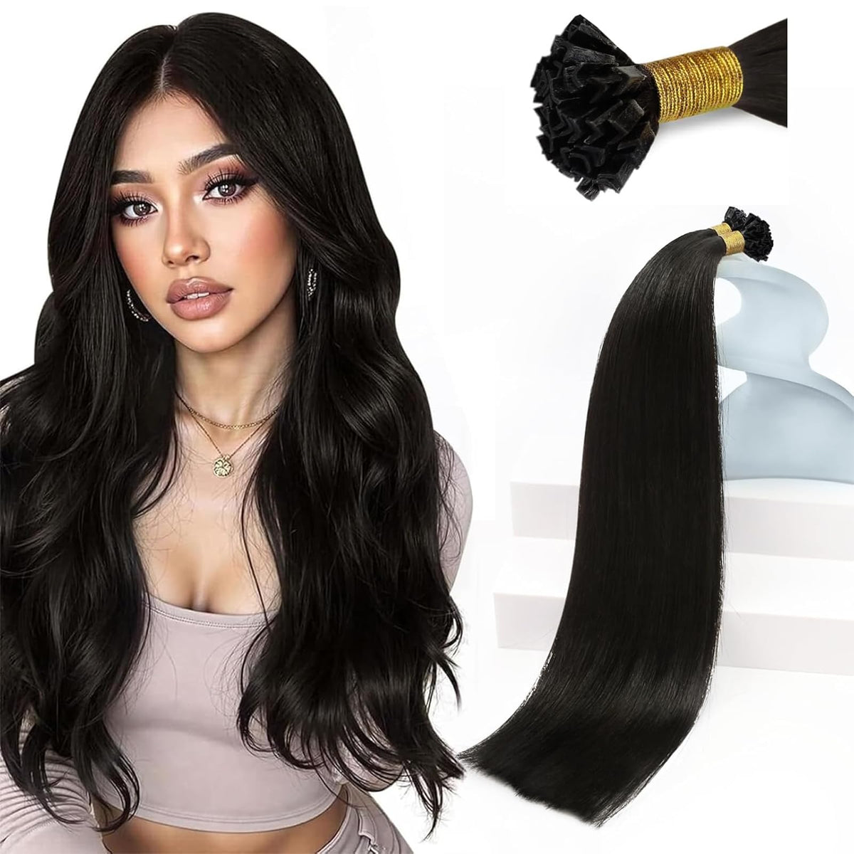 Sunny Hair K Tip Hair Extensions natural black 16 inch front view
