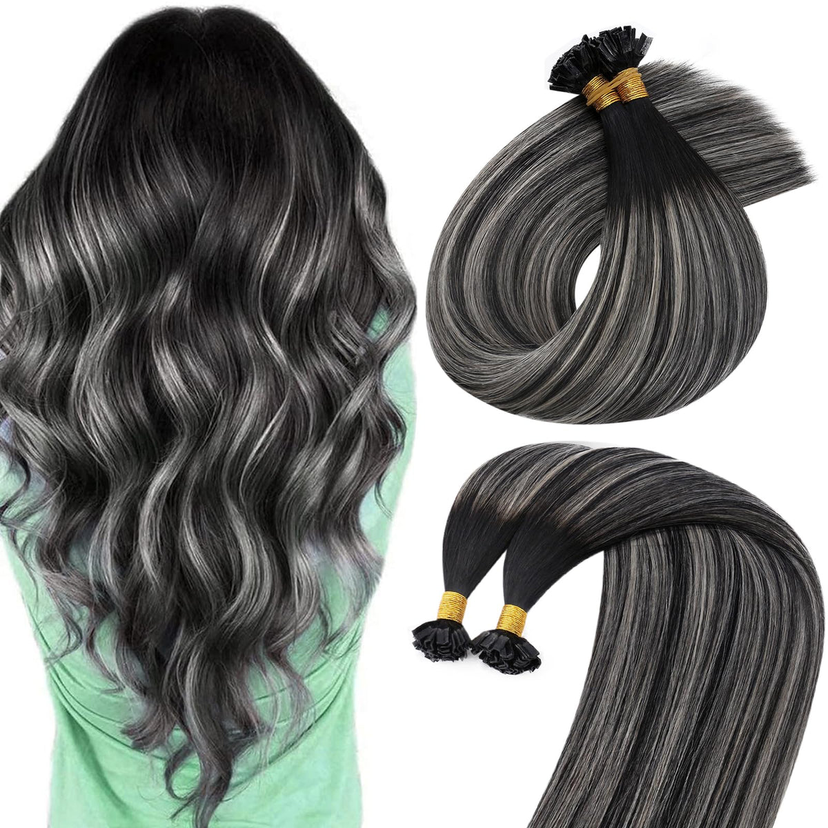 Sunny Hair K Tip Human Hair Extensions Natural Black Ombre Silver Gray front view