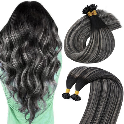 Sunny Hair K Tip Human Hair Extensions Natural Black Ombre Silver Gray front view