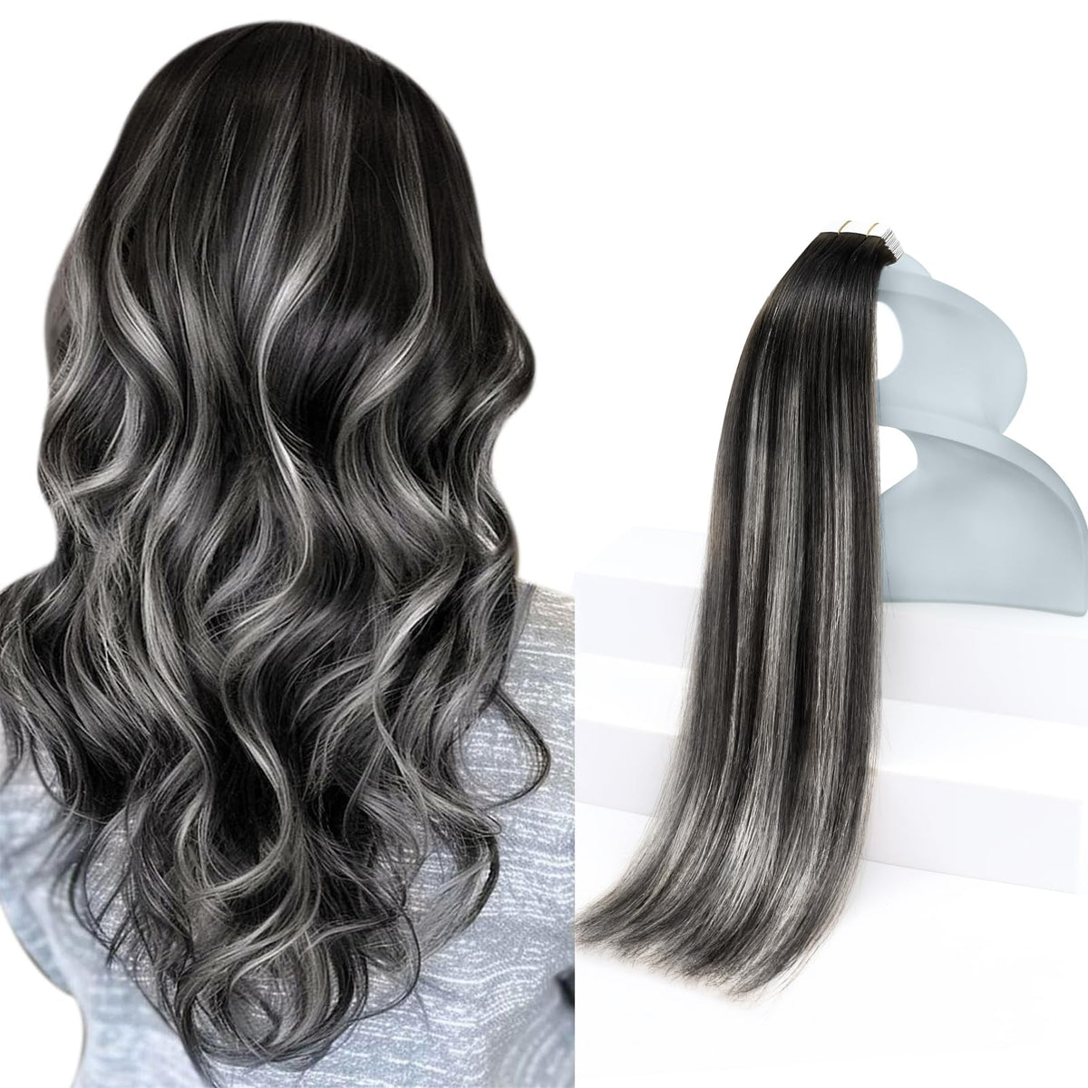 Sunny Hair Tape in Extensions 18 Inch Black Silver Ombre front view