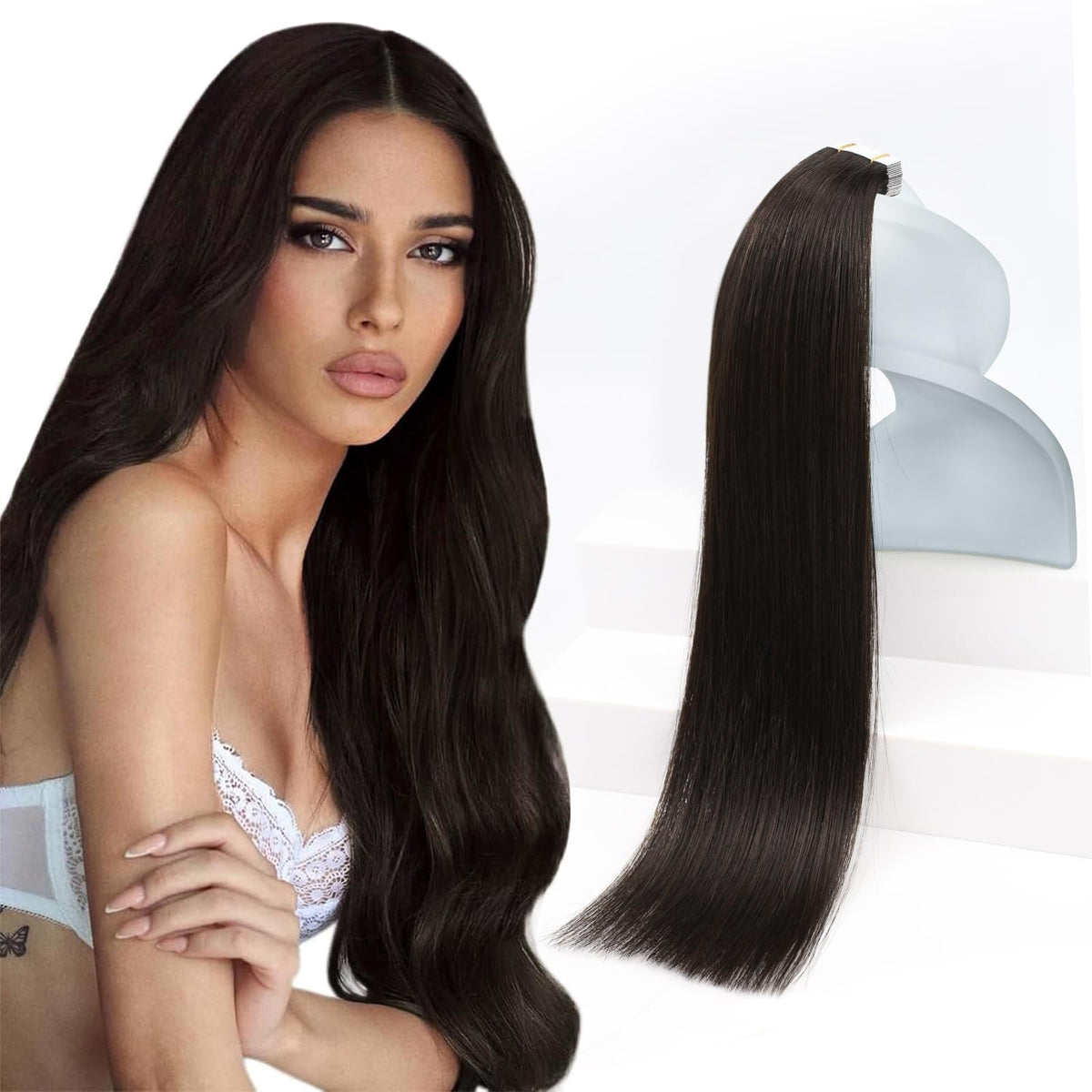 Sunny Hair Tape in Hair Extensions 14 inch Darkest Brown front view