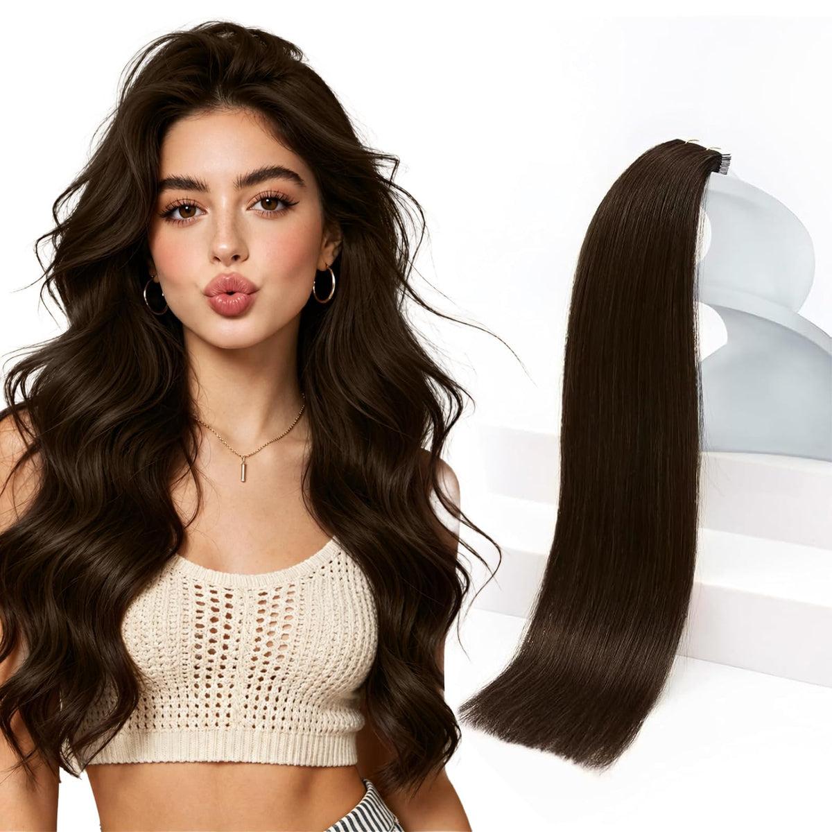 Sunny Hair Tape in Hair Extensions 22 Inch Dark Brown front view