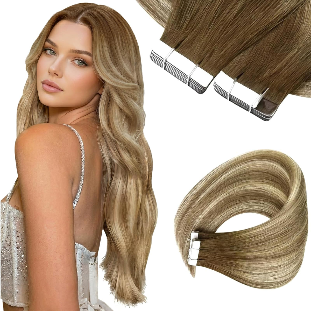 Sunny Hair Tape in Hair Extensions Brown Balayage Blonde front view