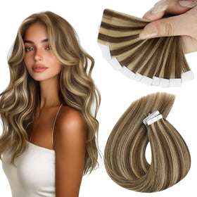 Sunny Hair Tape in Hair Extensions Dark Brown Highlight Blonde front view