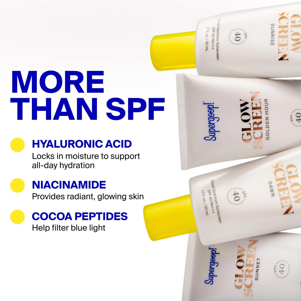 Supergoop! Glowscreen SPF 40 on vanity with makeup