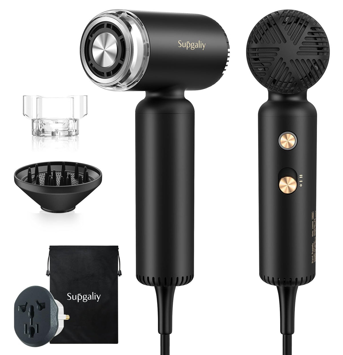 SUPGALIY Dual Voltage Travel Hair Dryer black model front view