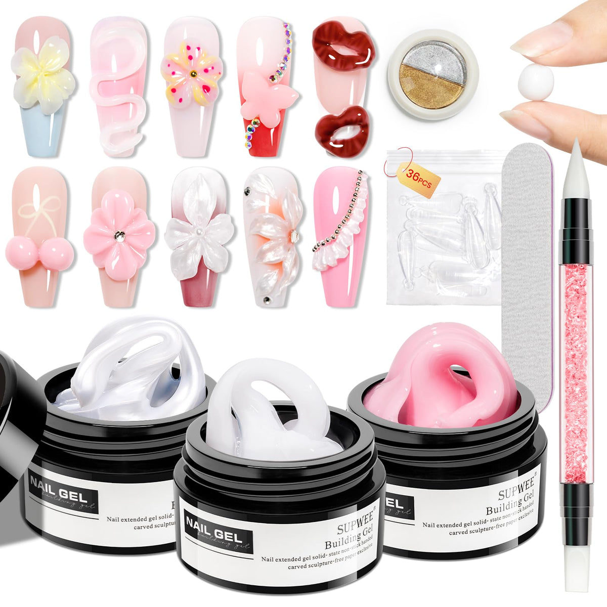 SUPWEE 3D Sculpting Gel Nail Art Kit with Pearl White and Pink gels