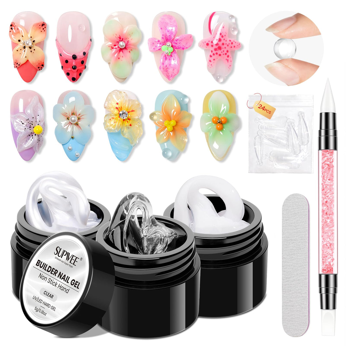 SUPWEE Builder Gel for Nails - Clear, White, Pearl White 5g jars