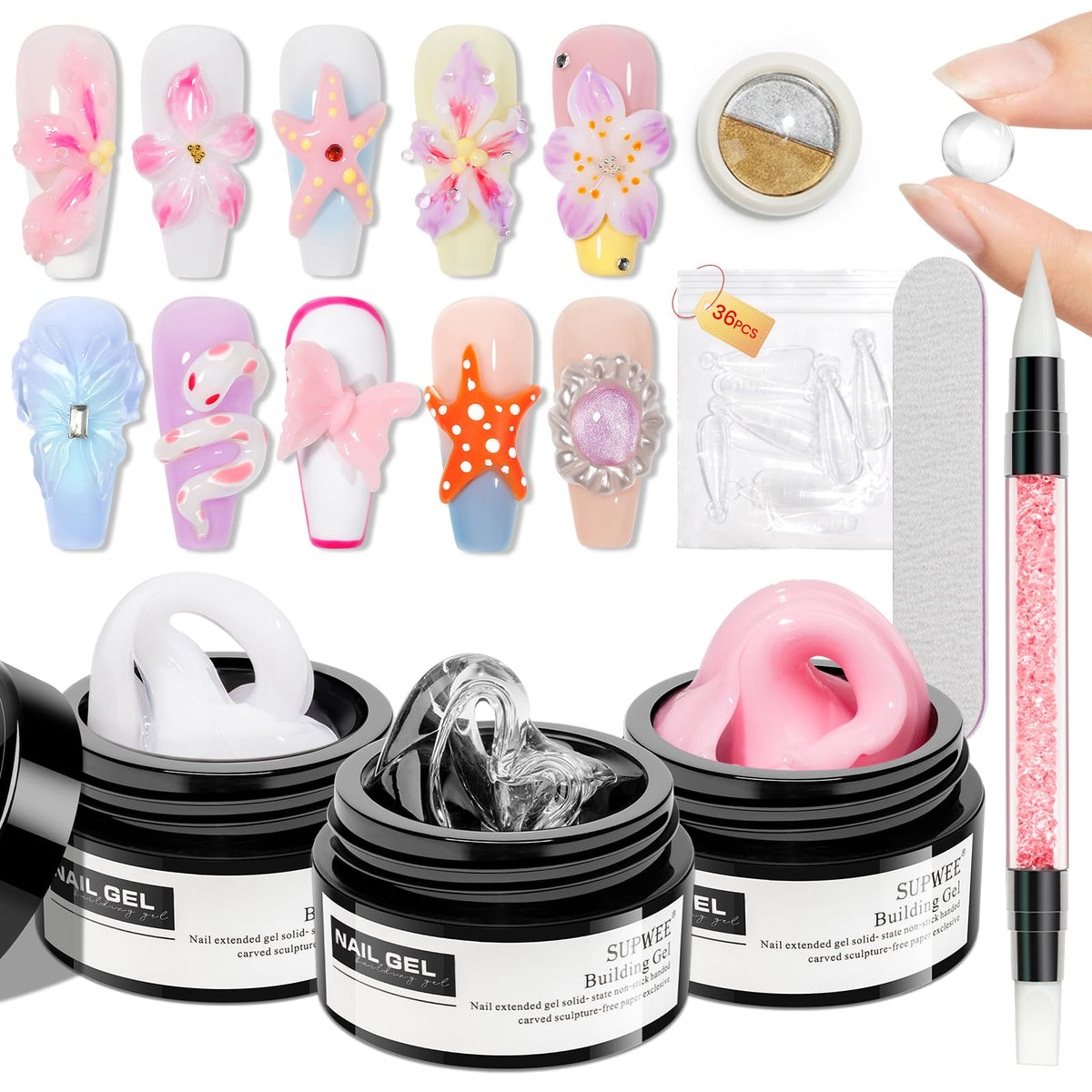 SUPWEE Builder Gel for Nails kit with clear, white, and pink gels