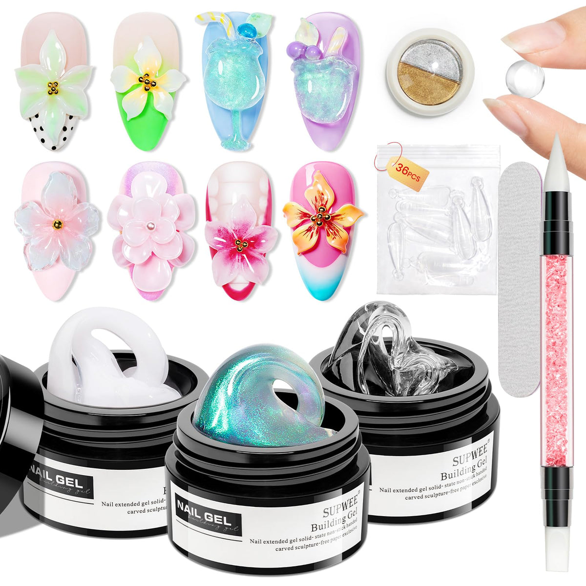 SUPWEE Sculpting Gel for Nail Art kit with clear, milky white, and green aurora gels