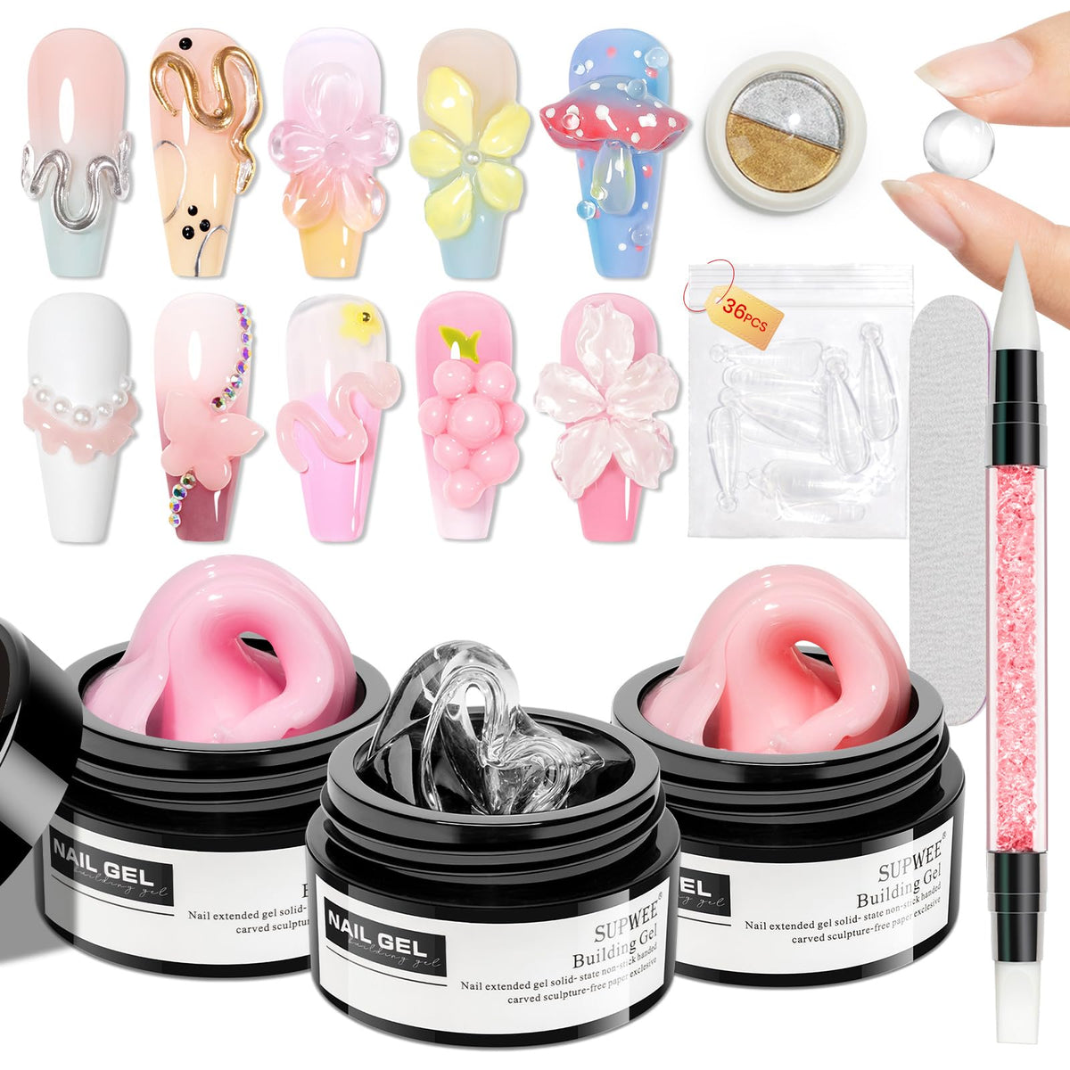 SUPWEE Sculpting Gel Nail Art Kit with three gel colours and chrome powder
