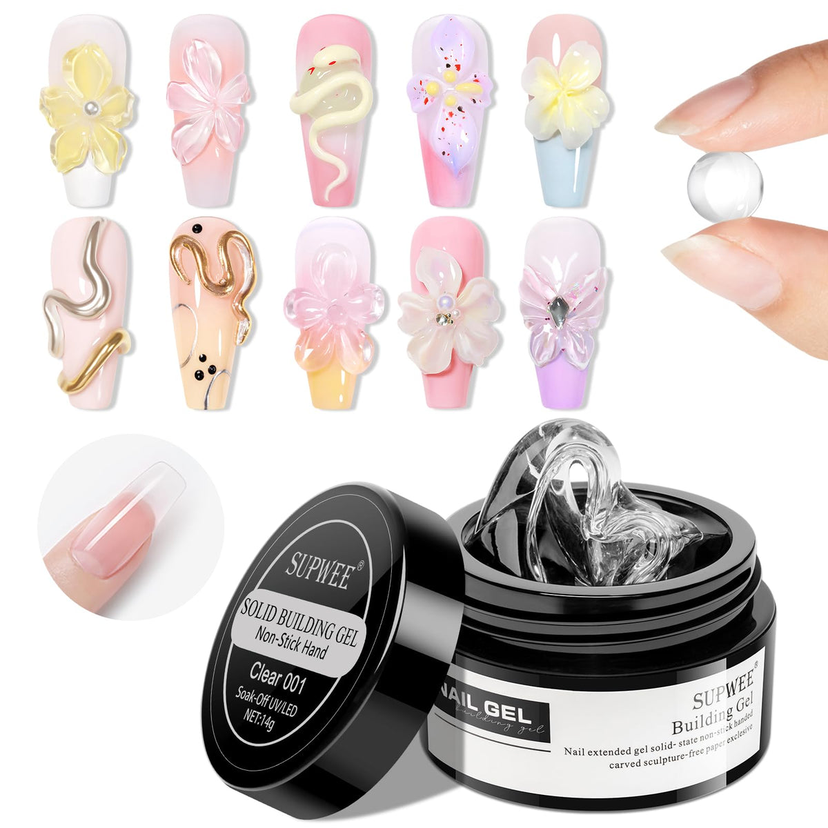 SUPWEE Solid Builder Gel for Nails 14g clear gel and 36 moulds front view