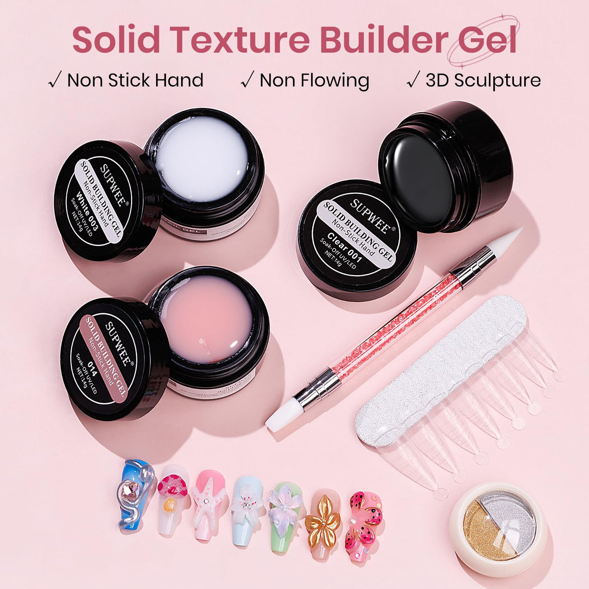SUPWEE Solid Builder Gel for Nails packaging with included accessories