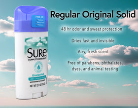 Sure Original Solid Unscented Antiperspirant on bathroom shelf