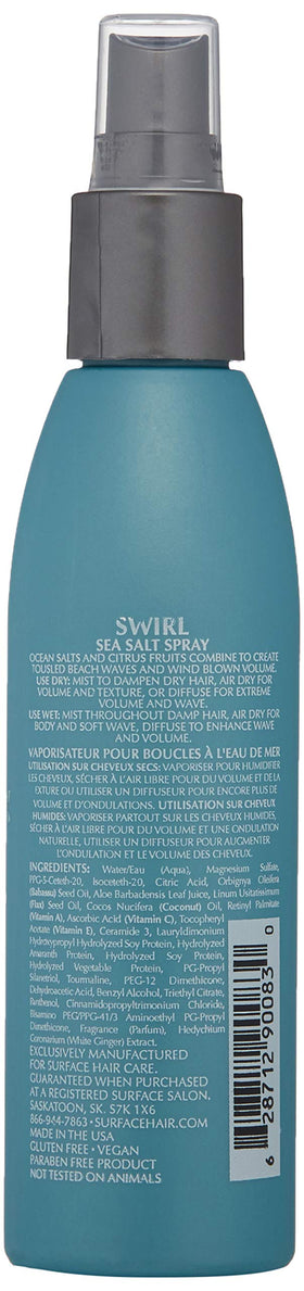 SURFACE Sea Salt Spray 6 oz bottle with textured hair background