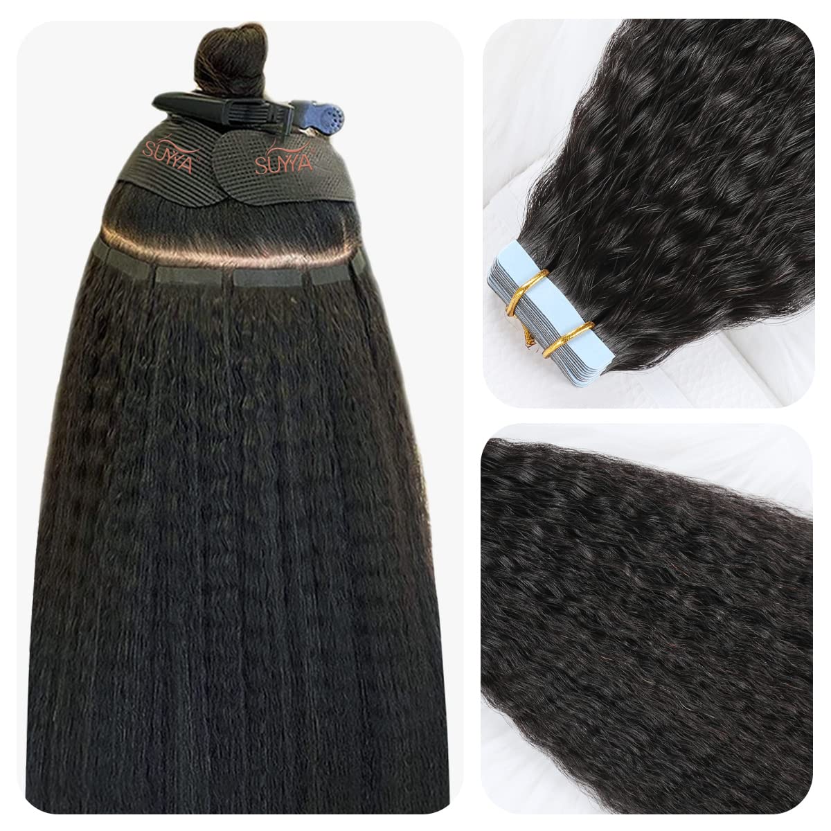 SUYYA Kinky Straight Tape In Hair Extensions 12 Inch Jet Black front view