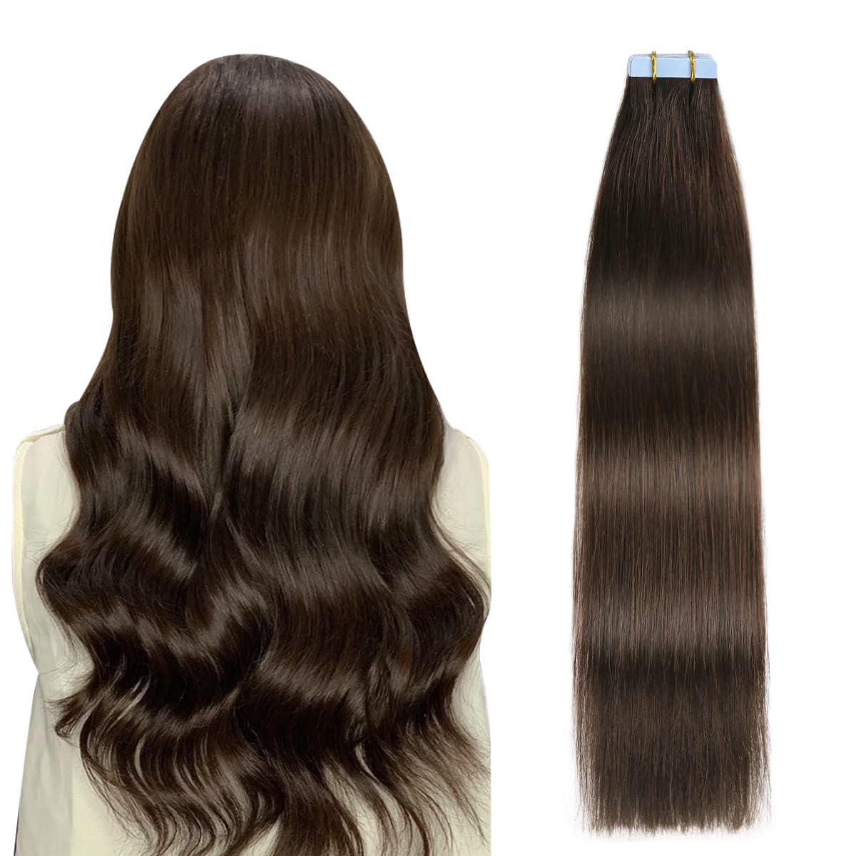 SUYYA Tape In Hair Extensions 12 Inch #2 Darkest Brown front view