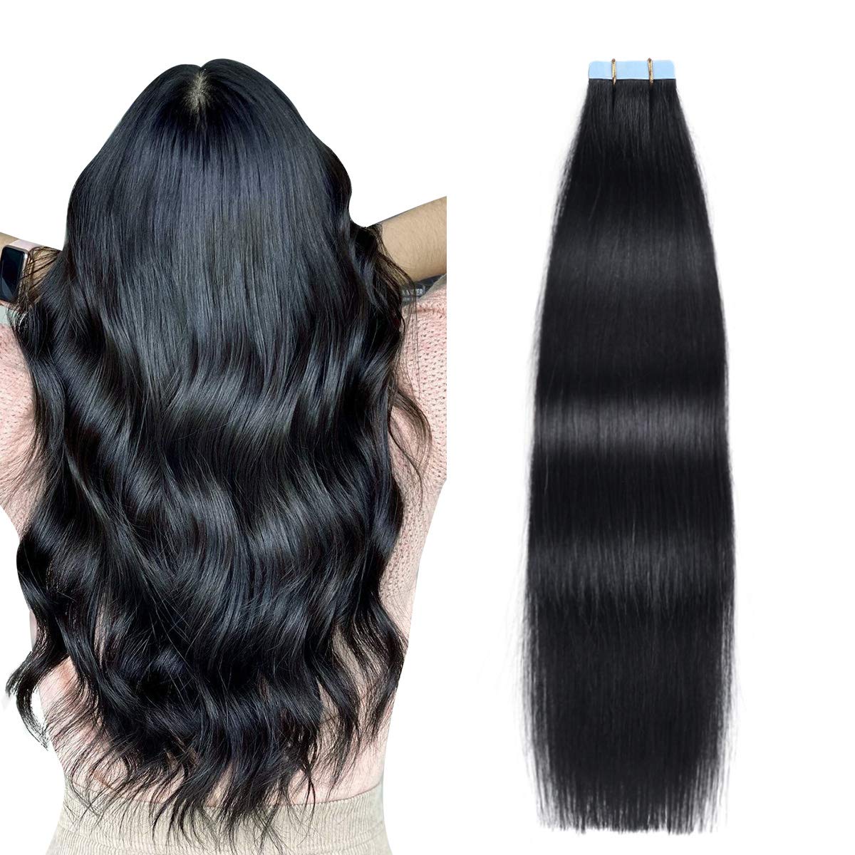 SUYYA Tape In Hair Extensions 20 Inch Jet Black front view
